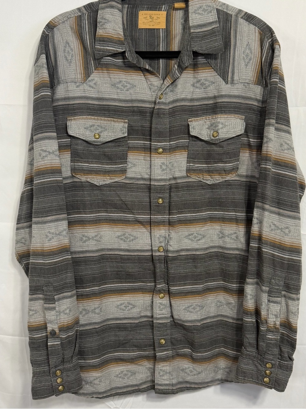 Red Head Ranch Flannel Shirt Mens XL Gray Striped Aztec Southwestern Snap Front